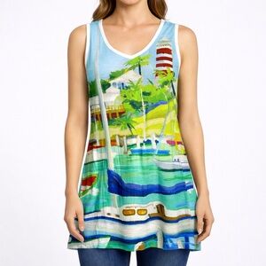 Art Print Coastal Lighthouse Tank Top | Nautical Harbor Scene | Sleeveless